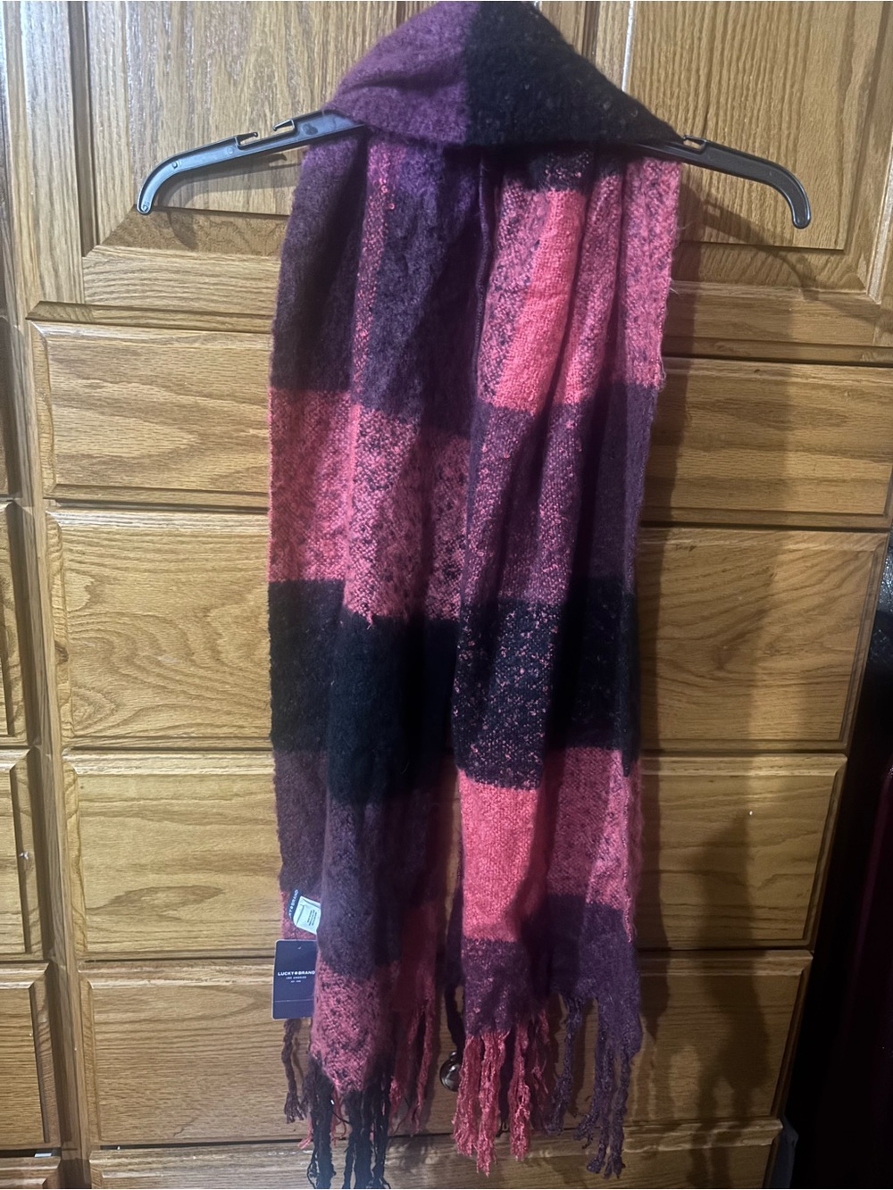 Lucky Brand Red and Burgundy Plaid Scarf with Fringe